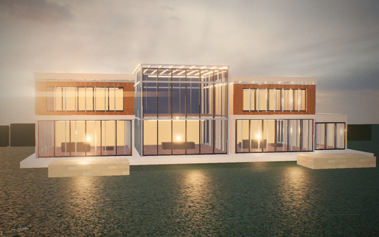 The finished VESTA house at dusk — three volumes of steel, glass and warm light